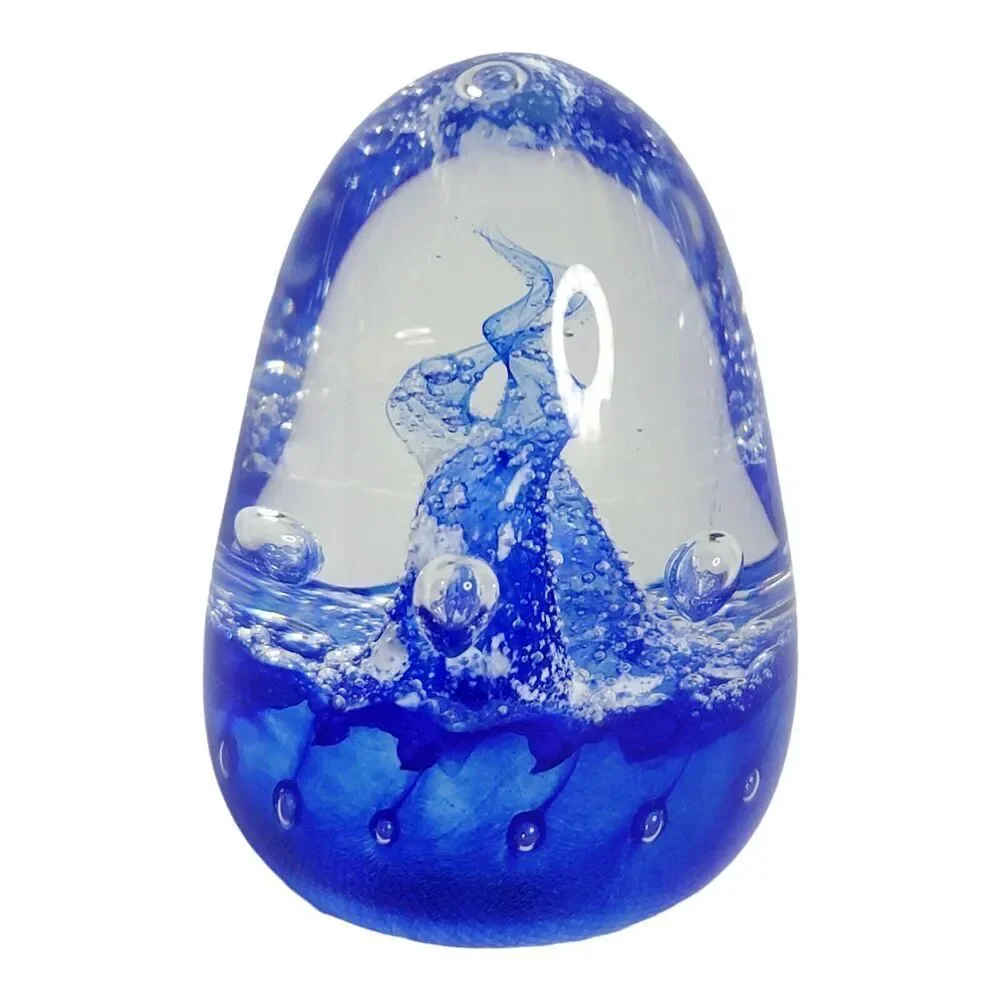 Vingate Glass Cobalt Blue Bubbles and Swirls Blown Glass‎ Paperweight Signed 3